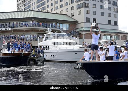 Mikhail Sergachev hoists the Stanley Cup on stage during a championship  celebration at Raymond James Stadium on Sept. 30. (Photo by Dirk  Shadd/Tampa Bay Times/TNS/Sipa USA Stock Photo - Alamy