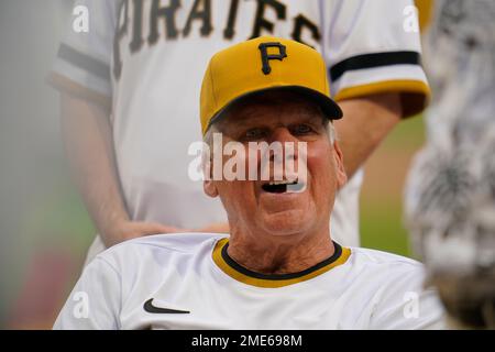 Richie Hebner, a member of the 1971 World Champion Pittsburgh Pirates,  takes part in a celebration of the 50th anniversary of the championship  season before of a baseball game between the Pittsburgh