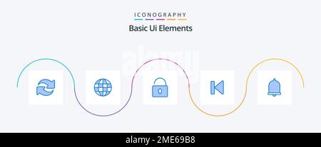Basic Ui Elements Blue 5 Icon Pack Including bell. start. unlock. media. beginning Stock Vector