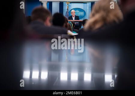 Washington, United States Of America. 23rd Jan, 2023. United States Secretary of Energy Jennifer Granholm, speaks during a news conference in the James S. Brady Press Briefing Room at the White House in Washington, DC, US, on Monday, January 23, 2023. Granholm argued that gasoline prices have dropped $1.60 per gallon since they peaked at more than $5 over the summer, and highlighted US President Biden's call on oil and gas producers to lower their costs for consumers. Credit: Al Drago/Pool via CNP Photo via Credit: Newscom/Alamy Live News