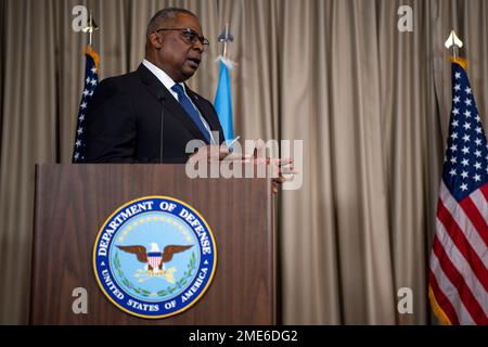 Ramstein-Miesenbach, Germany. 20 January, 2023. U.S. Secretary of Defense Lloyd Austin, responds to a question during a press briefing following the eighth Ukraine Defense Contact Group meeting at Ramstein Air Base, January 20, 2023 in Ramstein-Miesenbach, Rhineland-Palatinate, Germany. The meeting or 50 nations and organizations decides the best path of providing military support to Ukraine.  Credit: TSgt. Jack Sanders/DOD Photo/Alamy Live News Stock Photo