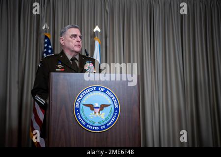 Ramstein-Miesenbach, Germany. 20 January, 2023. U.S. Chairman of the Joint Chiefs Gen. Mark Milley, responds to a question following the eighth Ukraine Defense Contact Group meeting at Ramstein Air Base, January 20, 2023 in Ramstein-Miesenbach, Rhineland-Palatinate, Germany. The meeting or 50 nations and organizations decides the best path of providing military support to Ukraine.  Credit: TSgt. Jack Sanders/DOD Photo/Alamy Live News Stock Photo