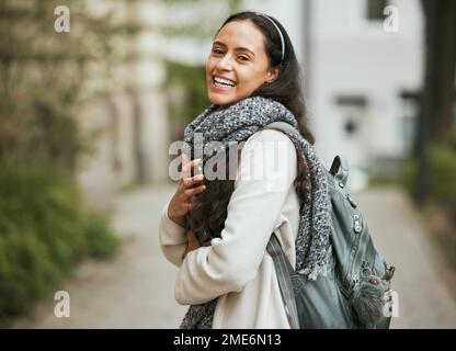 Travel, walking in city and woman with tablet in for university, college and studying abroad in London UK. Education, international school and girl Stock Photo