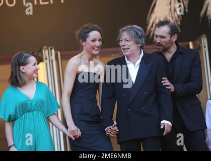 Juliette Benveniste, from left, Vicky Krieps, director Mathieu Amalric, and Arieh Worthalter pose for photographers upon arrival at the premiere of the film 'The Story of My Wife' at the 74th international film festival, Cannes, southern France, Wednesday, July 14, 2021. (Photo by Vianney Le Caer/Invision/AP)