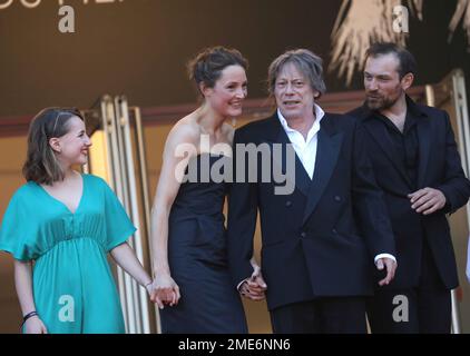 Juliette Benveniste, from left, Vicky Krieps, director Mathieu Amalric, and Arieh Worthalter pose for photographers upon arrival at the premiere of the film 'The Story of My Wife' at the 74th international film festival, Cannes, southern France, Wednesday, July 14, 2021. (Photo by Vianney Le Caer/Invision/AP)