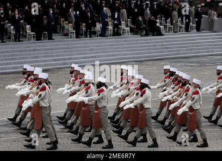 Soldiers of the French Foreign Legion (Legion Etrangere) march down the  Champs Elysees at dawn during a rehearsal of the annual Bastille Day  military parade in Paris, France, on July 10, 2018.