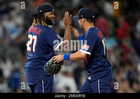 National League's Lourdes Gurriel Jr., of the Arizona Diamondbacks, watches  the MLB All-Star baseball Home Run Derby, Monday, July 10, 2023, in  Seattle. (AP Photo/Lindsey Wasson Stock Photo - Alamy