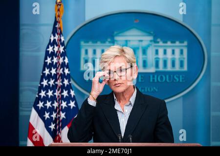 Washington, DC, USA. 23rd Jan, 2023. United States Secretary of Energy Jennifer Granholm, speaks during a news conference in the James S. Brady Press Briefing Room at the White House in Washington, DC, US, on Monday, January 23, 2023. Granholm argued that gasoline prices have dropped $1.60 per gallon since they peaked at more than $5 over the summer, and highlighted US President Biden's call on oil and gas producers to lower their costs for consumers. Credit: Al Drago/Pool via CNP/dpa/Alamy Live News