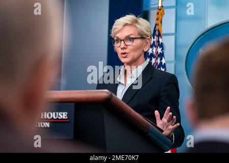 Washington, DC, USA. 23rd Jan, 2023. United States Secretary of Energy Jennifer Granholm, speaks during a news conference in the James S. Brady Press Briefing Room at the White House in Washington, DC, US, on Monday, January 23, 2023. Granholm argued that gasoline prices have dropped $1.60 per gallon since they peaked at more than $5 over the summer, and highlighted US President Biden's call on oil and gas producers to lower their costs for consumers. Credit: Al Drago/Pool via CNP/dpa/Alamy Live News