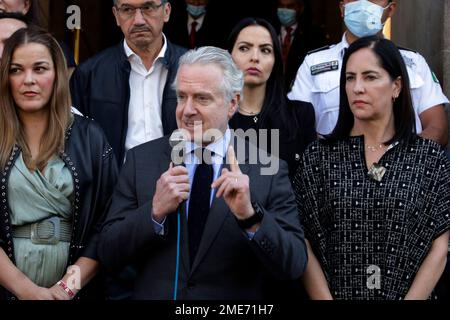 Mexico City, Mexico. 23rd Jan, 2023. January 23, 2023, Mexico City, Mexico: The president of the Chamber of Deputies, Santiago Creel Miranda with Cecilia Patron Laviada and Lia Limon, mayoress of Alvaro Obregon when presenting an appeal of unconstitutionality against Plan B of the Electoral Reform in the Supreme Court of Justice of the Nation in Mexico City. on January 23, 2023 in Mexico City, Mexico (Photo by Luis Barron/Eyepix Group/Sipa USA). Credit: Sipa USA/Alamy Live News Stock Photo