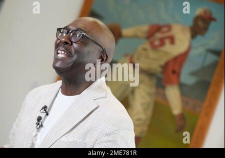 Bob Kendrick, president of the Negro Leagues Baseball Museum in Kansas City, Mo., speaks during a news conference to mark the opening of a traveling exhibit, 'Shades of Greatness,' at the McNichols Civic Center Building, Saturday, July 10, 2021, in Denver. The exhibit is part of the All-Star Game weekend in the Mile High City. (AP Photo/David Zalubowski)