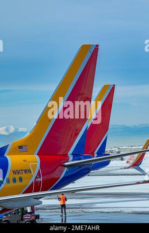 Denver, Colorado - Southwest Airlines jets on the ground after a snowstorm at Denver International Airport. Stock Photo