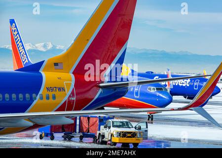 Denver, Colorado - Southwest Airlines jets on the ground after a snowstorm at Denver International Airport. Stock Photo