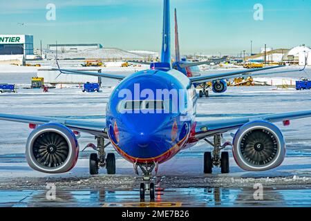 Denver, Colorado - Southwest Airlines jets on the ground after a snowstorm at Denver International Airport. Stock Photo