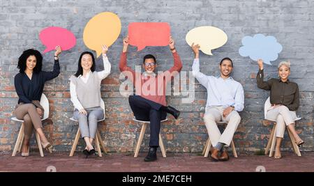 Speech bubble, communication and feedback with business people and mockup for social media, vote and review. Design, contact and chat sign with Stock Photo