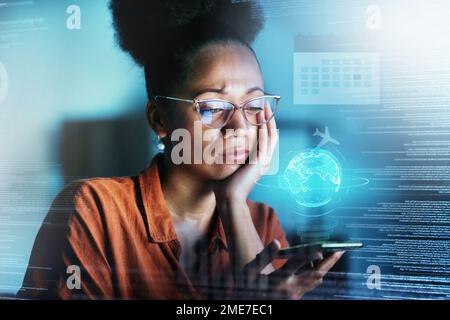 Phone, hologram and digital with a business black woman doing research using 3d ai technology in her office at night. Futuristic, data and cloud Stock Photo