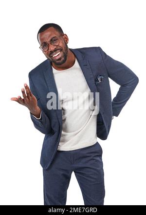 Confused, question and portrait of black man or businessman isolated against a studio white background. Wtf, huh and corporate professional employee Stock Photo