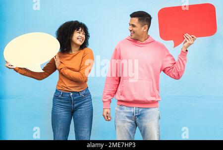 Happy people, laughing or speech bubble on isolated blue background for social media, vote mock up or idea mockup. Smile, man or woman with Stock Photo