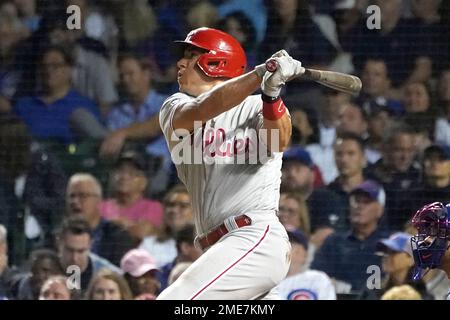 Philadelphia Phillies' J.T. Realmuto watches a home run during a baseball  game, Thursday, Aug. 10, 2023, in Philadelphia. (AP Photo/Matt Slocum Stock  Photo - Alamy