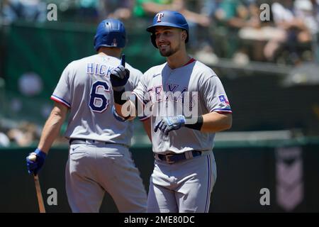 Texas Rangers' Joey Gallo is congratulated by teammates during a baseball  game against the Oakland Athletics in Oakland, Calif., Thursday, July 1,  2021. (AP Photo/Jeff Chiu Stock Photo - Alamy