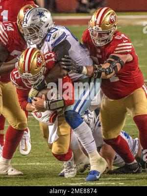 Santa Clara, California, USA. 22nd Jan, 2023. Dallas Cowboys defensive end DeMarcus Lawrence (90) sacks San Francisco 49ers quarterback Brock Purdy (13) on Sunday, January 22, 2023, at Levis Stadium in Santa Clara, California. The 49ers defeated the Cowboys 19-12 in the Division Playoffs. (Credit Image: © Al Golub/ZUMA Press Wire) EDITORIAL USAGE ONLY! Not for Commercial USAGE! Stock Photo