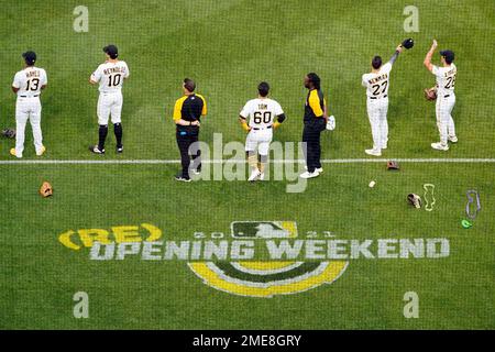 Pittsburgh Pirates players warm up during a workout at Busch Stadium,  Wednesday, Oct. 2, 2013, in St. Louis. Game 1 of the National League  Division Series baseball playoff between the Pirates and