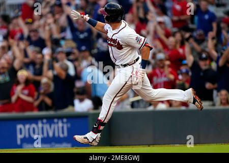 Atlanta, Georgia, USA. 02nd Aug, 2019. Atlanta Braves outfielder Austin  Riley rounds third base after hitting a home run during the fifth inning of  a MLB game against the Cincinnati Reds at