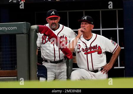 This is a 2021 photo of Brian Snitker of the Atlanta Braves baseball team.  This image reflects the Atlanta Braves active roster as of Friday, Feb. 26,  2021 when this image was