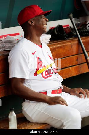 St. Louis Cardinals Hall-of-Famer Ozzie Smith gestures to his longtime  friend and teammate, assistant coach Willie McGee, on the Cardinals bench  before a baseball game between the Cardinals and the Kansas City