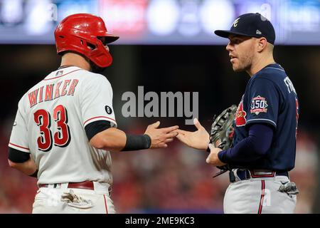 Cincinnati Reds right fielder Jesse Winker (33) runs for a fly ball during  a MLB game against the Los Angeles Dodgers, Wednesday, April 28, 2021, in L  Stock Photo - Alamy