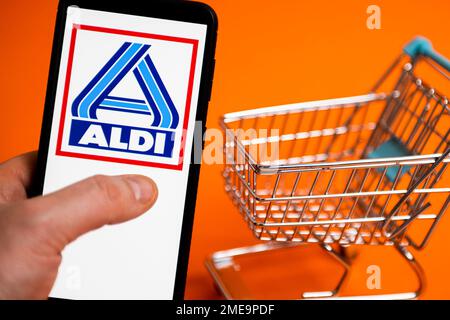 Poland. 23rd Jan, 2023. In this photo illustration, an Aldi logo seen displayed on a smartphone. (Photo by Mateusz Slodkowski/SOPA Images/Sipa USA) Credit: Sipa USA/Alamy Live News Stock Photo