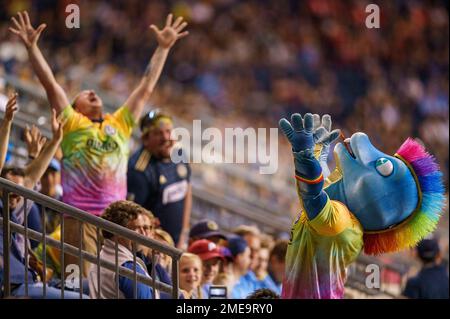 Philadelphia Union mascot Phang looks on during the Leagues Cup  quarterfinals soccer match against the Queretaro FC, Friday, Aug. 11, 2023,  in Chester, Pa. The Union won 2-1. (AP Photo/Chris Szagola Stock