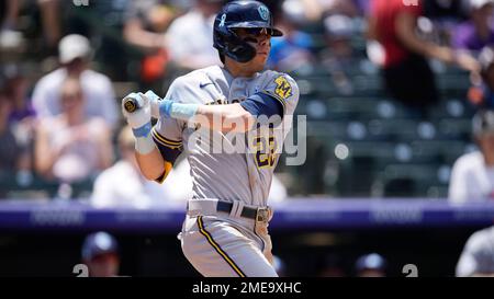 Pittsburgh Pirates right fielder Andrew McCutchen (22) in the second inning  of a baseball game Wednesday, April 19, 2023, in Denver. (AP Photo/David  Zalubowski Stock Photo - Alamy