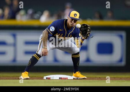 April 29, 2022 - Milwaukee Brewers second baseman Kolten Wong (16) is hit  by a pitch during MLB Baseball action between Chicago and Milwaukee at  Miller Park in Milwaukee, WI.(Credit Image Stock Photo - Alamy