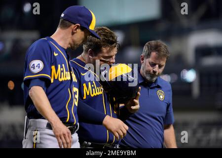 Milwaukee, WI, USA. 16th Apr, 2021. Milwaukee Brewers right fielder Tyrone  Taylor #42 looks toward the Brewers bench after hitting a run scoring  double in the 5th inning of the Major League