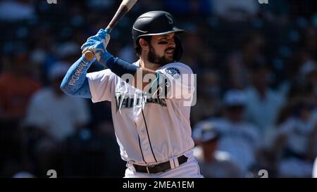 Seattle Mariners' Luis Torrens waits for a pitch during an at-bat in a  baseball game against the Minnesota Twins, Wednesday, June 16, 2021, in  Seattle. The Twins won 7-2. (AP Photo/Stephen Brashear