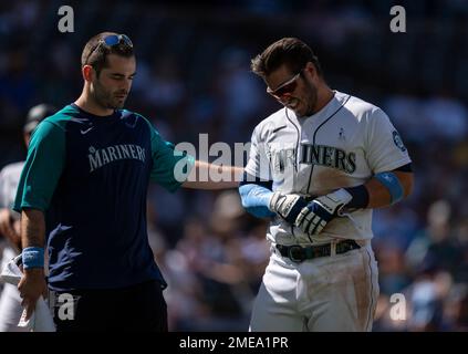 Seattle Mariners' Ty France reacts after striking out against the St. Louis  Cardinals during a baseball game, Saturday, April 22, 2023, in Seattle. (AP  Photo/John Froschauer Stock Photo - Alamy