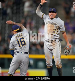 April 29, 2022 - Milwaukee Brewers second baseman Kolten Wong (16) is hit  by a pitch during MLB Baseball action between Chicago and Milwaukee at  Miller Park in Milwaukee, WI.(Credit Image Stock Photo - Alamy