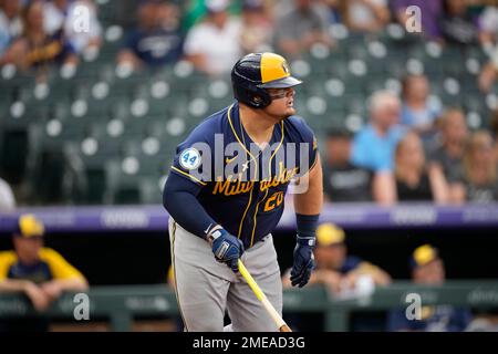 September 5, 2021: Milwaukee Brewers first baseman Daniel Vogelbach #20  watches his grand slam home run during MLB baseball game between the St.  Louis Cardinals and the Milwaukee Brewers at American Family