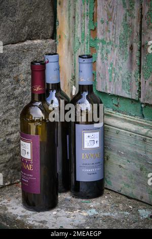 Three empty bottles of Lunae wine on doorstep in Riomaggiore, Italy. Stock Photo