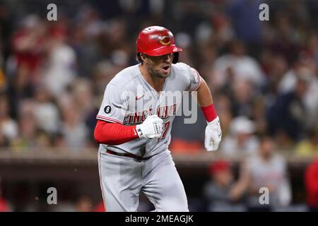 Cincinnati Reds' Kyle Farmer (17) reacts after being hit by a pitch during  a baseball game against the Atlanta Braves Saturday, July 2, 2022, in  Cincinnati. (AP Photo/Jeff Dean Stock Photo - Alamy