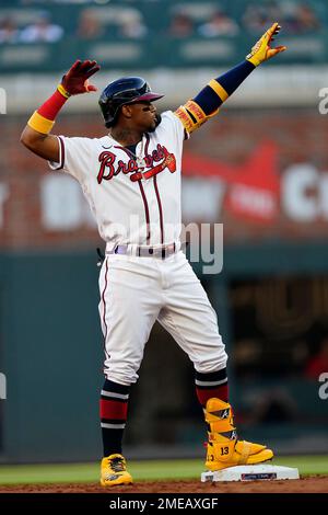 Ronald Acuna Jr. 13 Atlanta Braves baseball action pose shirt