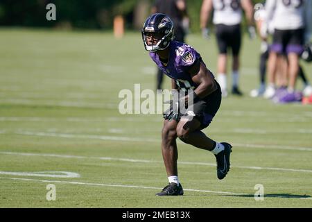 Baltimore Ravens cornerback Brandon Stephens (21) stands on the field  before the start of an NFL