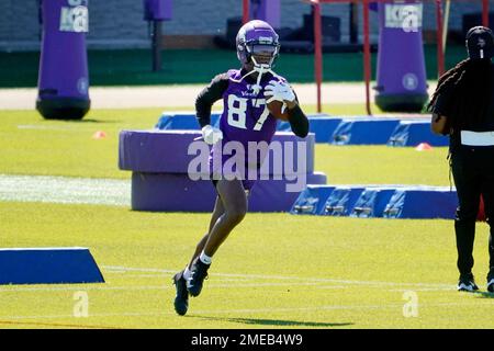 Minnesota Vikings rookie wide receiver Joe Webb, right, joins quarterbacks  Tarvaris Jackson, left, and R.J. Archer, center, during Organized Team  Activities (OTA) NFL football workouts Wednesday, May 19, 2010 in Eden  Prairie