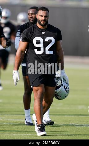 Las Vegas Raiders defensive tackle Bilal Nichols (91) reacts after a  touchdown against the Los Angeles Chargers during the first half of an NFL  football game, Sunday, Dec. 4, 2022, in Las