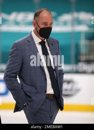 FILE - Vegas Golden Knights head coach Peter DeBoer, center, talks to  players during the third period of an NHL hockey game against the Chicago  Blackhawks in Chicago, Wednesday, April 27, 2022.