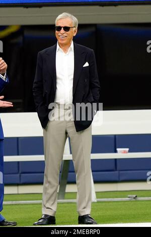 Los Angeles Rams owner Stan Kroenke holds up the Lombardi Trophy while  celebrating victory over the Cincinnati Bengals in Super Bowl 56, Sunday,  Feb. 13, 2022 in Inglewood, Calif. (AP Photo/Doug Benc