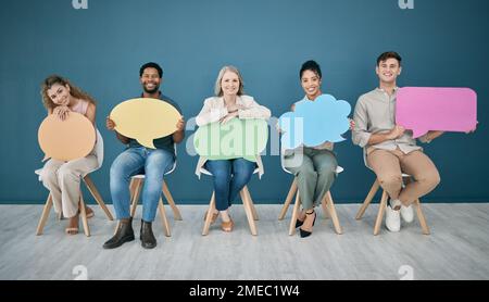 Speech bubble, social media and business people in waiting room for recruitment or hr survey. Hiring, portrait and group of employees with chat sign Stock Photo