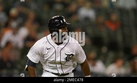 Detroit Tigers' Akil Baddoo plays during a baseball game, Monday, Aug. 7,  2023, in Detroit. (AP Photo/Carlos Osorio Stock Photo - Alamy