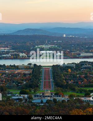 View of Lake Burley Griffin and Parliament House from Mt Ainslie. Stock Photo
